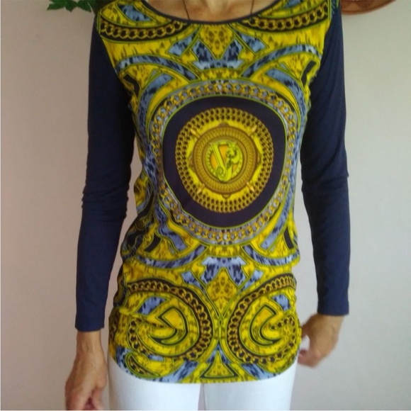 Versace Navy and Yellow Long Sleeve Top